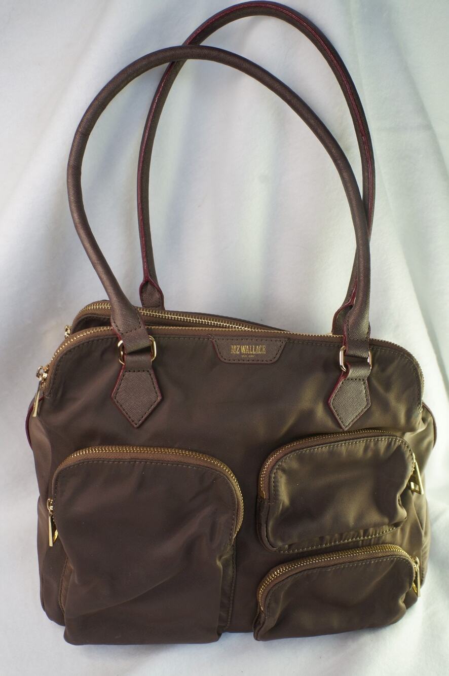MZ Wallace Kate Brown Bedford Nylon Satchel Red Trim Gold Hardware Pouch